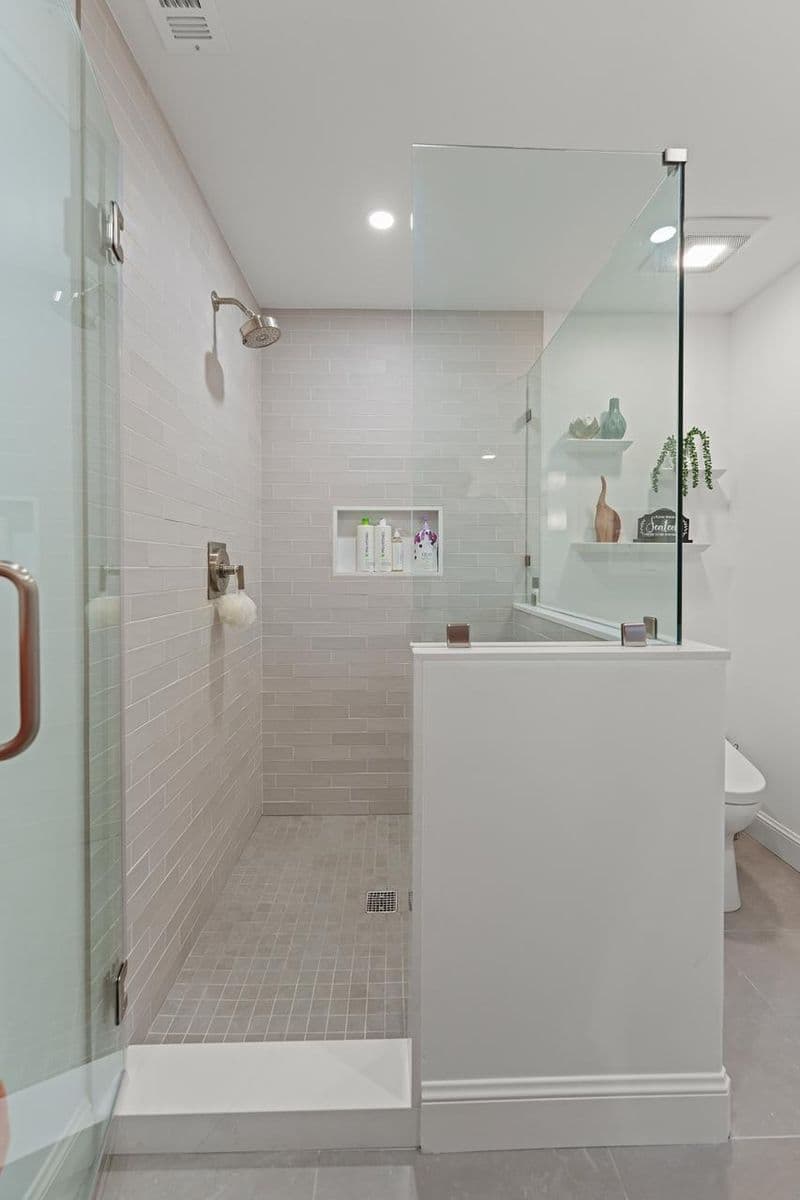 bathroom after: frameless glass walk in shower enclosure with subway tile and mosaic floor tile, by ASL Remodeling, Pacifica.
