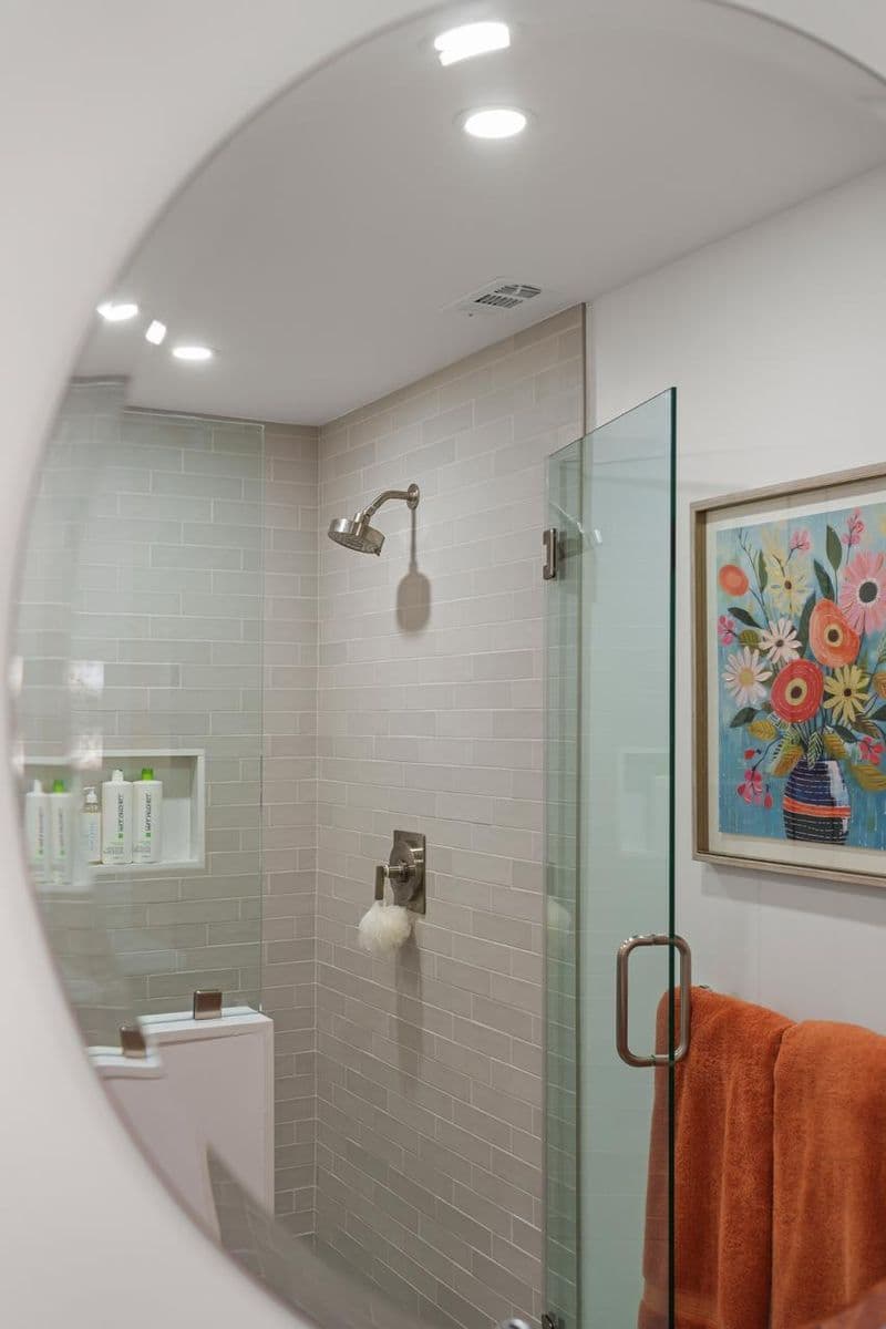 bathroom after: glass enclosed shower with subway tile with subway tile and frameless glass, by ASL Remodeling, Pacifica.