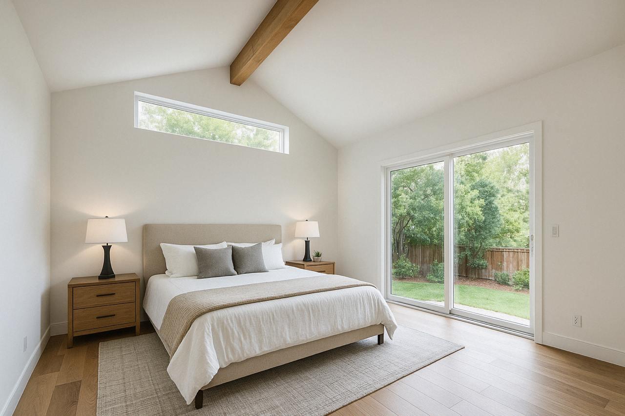 Backyard home guest house bedroom with exposed wood ceiling beams, large sliding glass door, natural light, and minimalist contemporary design aesthetic.