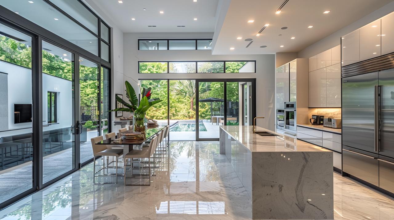 Modern aesthetic home with open concept layout and floor-to-ceiling windows connecting indoor outdoor living