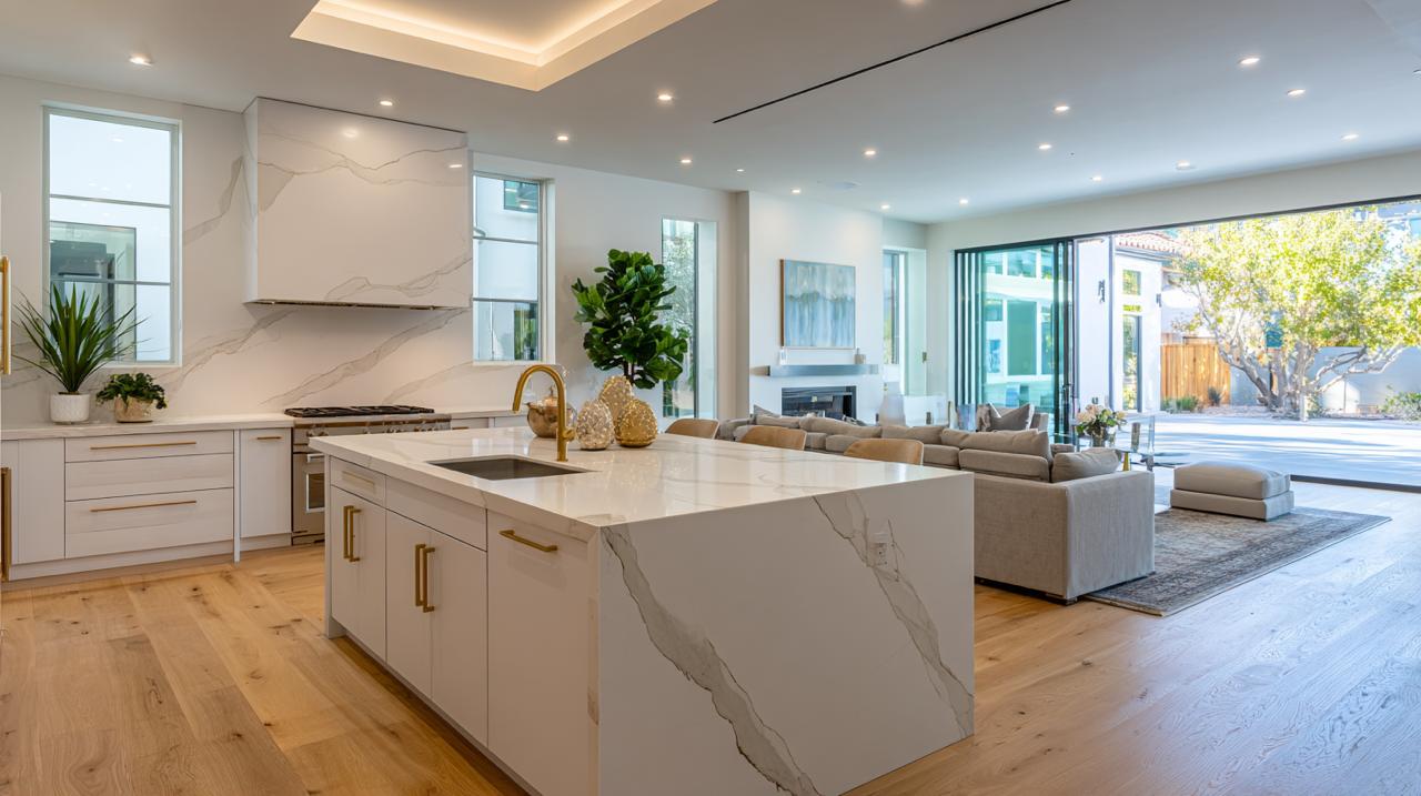 Open concept kitchen remodel featuring waterfall island, white cabinetry, and seamless flow to living area with natural lighting.