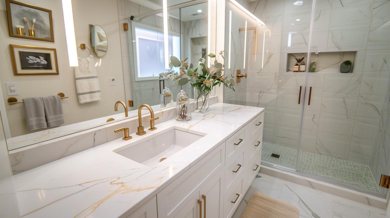 Professional bathroom renovation contractors created transitional elegance with white double vanity, gold fixtures, LED vanity lighting, and frameless glass shower enclosure.