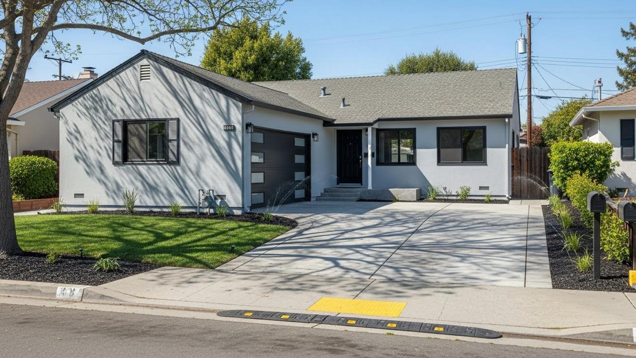 Room addition San Jose transforms single-level home with modern gray and white exterior, black shutters, and contemporary front entry