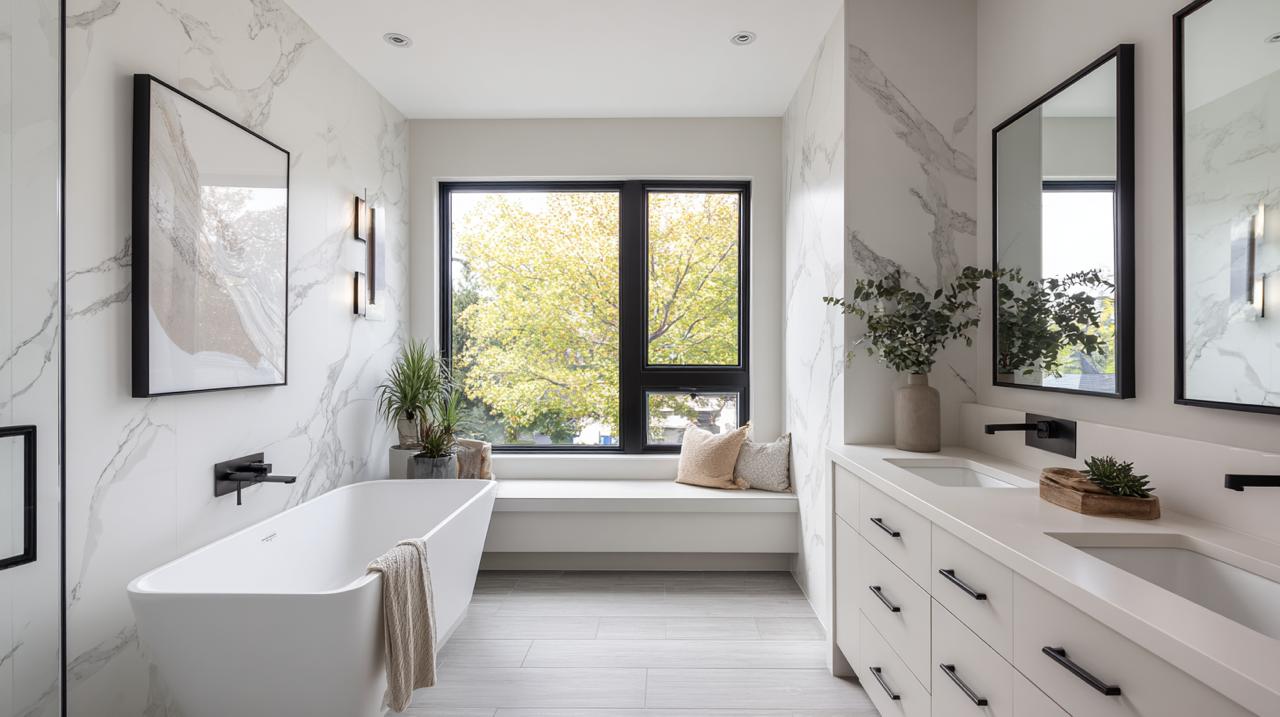 Small bathroom renovation in Los Gatos showcasing efficient layout with freestanding tub and natural light from large windows