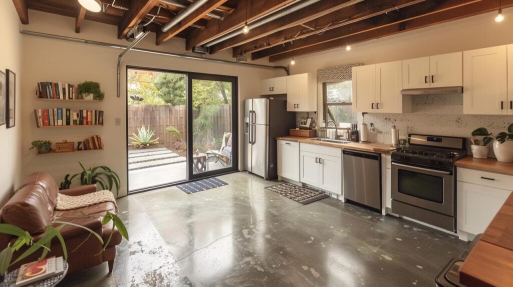 Accessory dwelling unit contractor kitchen featuring exposed wood beam ceiling, white cabinetry, open shelving systems, sliding glass doors, and polished concrete floors.
