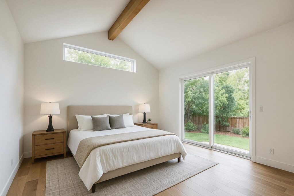Backyard home guest house bedroom with exposed wood ceiling beams, large sliding glass door, natural light, and minimalist contemporary design aesthetic.