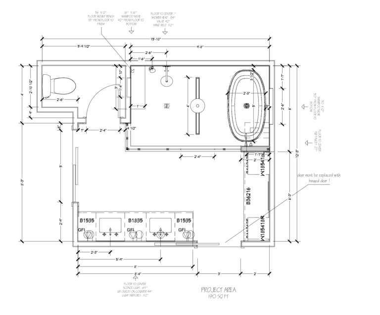 Primary bathroom floor plan for Crossmont Circle San Jose showing wet room layout with freestanding tub, floating vanity, and recessed niches