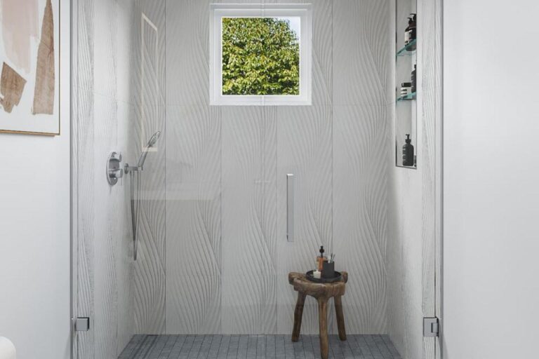 Bathroom remodeling 3D design rendering for Santa Clara project showing minimalist white floating vanity, large-format white tile, modern shower enclosure, and natural window lighting