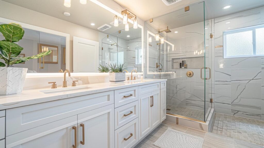 Professional bathroom remodeling in San Jose featuring spacious walk-in shower with frameless glass enclosure and classic white subway tile