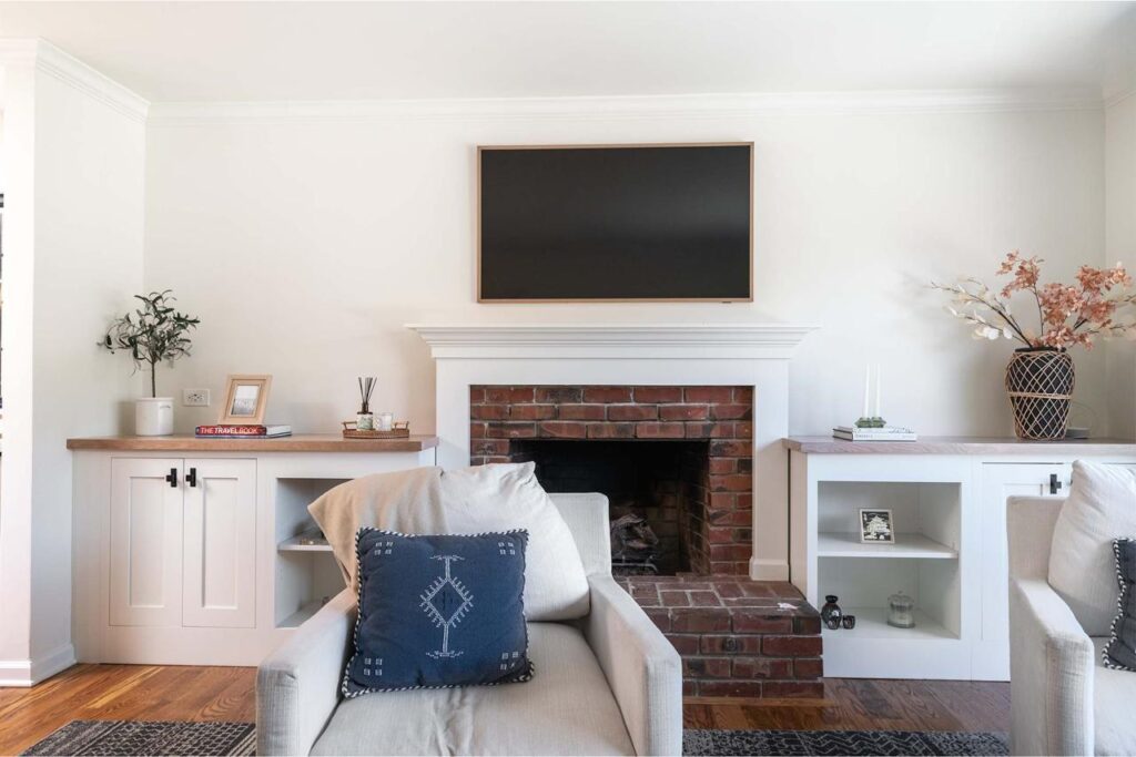 Before and after home living room featuring fireplace redesign with white millwork surround, custom built-ins for display and storage, and contemporary focal point