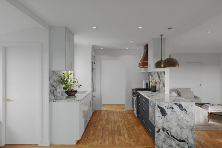 Custom cabinetry installation 3D rendering for Santa Clara featuring white shaker cabinets with gray island accent, warm hardwood plank flooring, marble backsplash wall, and under-cabinet LED lighting