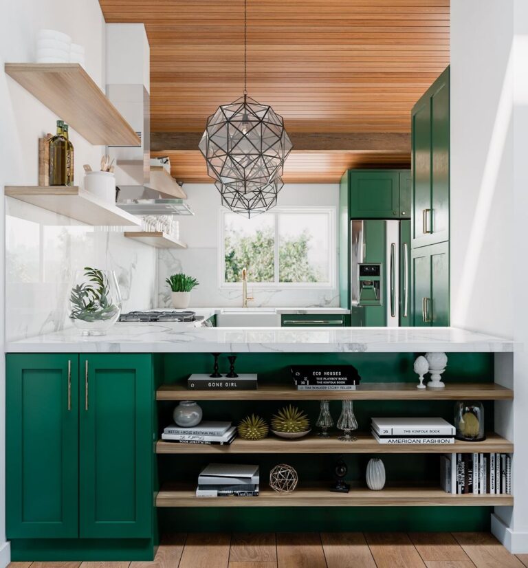 Central Ave kitchen design in Mountain View with custom green island cabinetry, open wood shelving, porcelain countertops, and wood ceiling accent