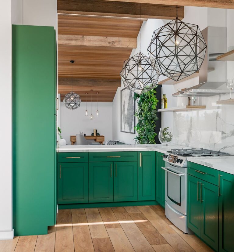 Mountain View kitchen design on Central Ave with custom green maple cabinetry, porcelain slabs, full-height backsplash, and wood ceiling details