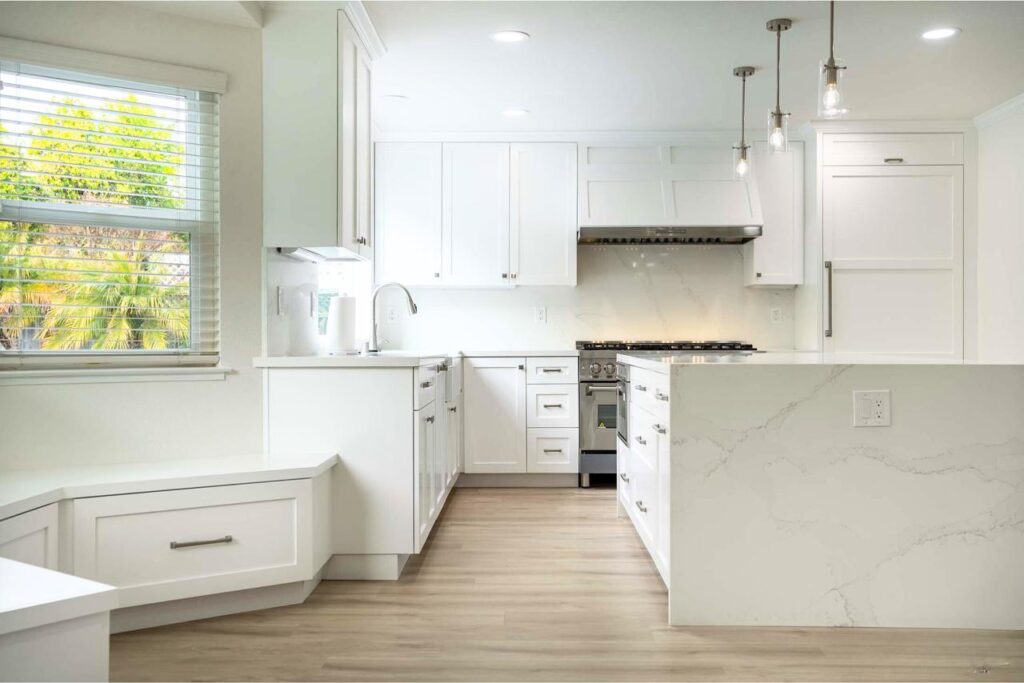 San Jose kitchen remodel on Crossmont Circle featuring custom maple cabinetry, quartzite countertops, and open concept layout with natural light