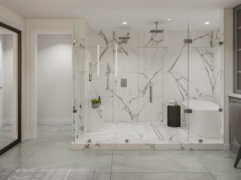 Crossmont Circle wet room in San Jose featuring frameless glass enclosure, dual rain heads, freestanding tub, and marble-look tilework throughout