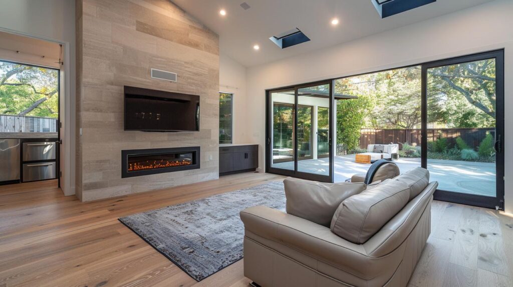 General contractor creates modern living room with recessed lighting and wood accent wall featuring integrated media center