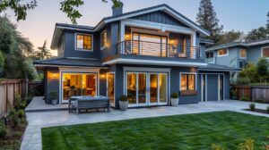 Experienced home remodeling contractors completed this stunning craftsman home exterior featuring dark blue siding and professional landscaping