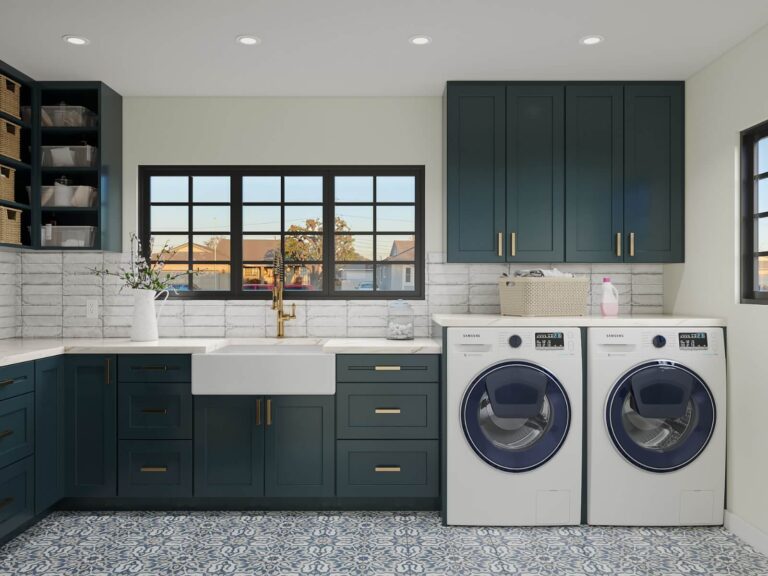 Home transformation laundry room in San Jose with custom dark cabinetry, patterned tile flooring, and layout redesign for improved functionality