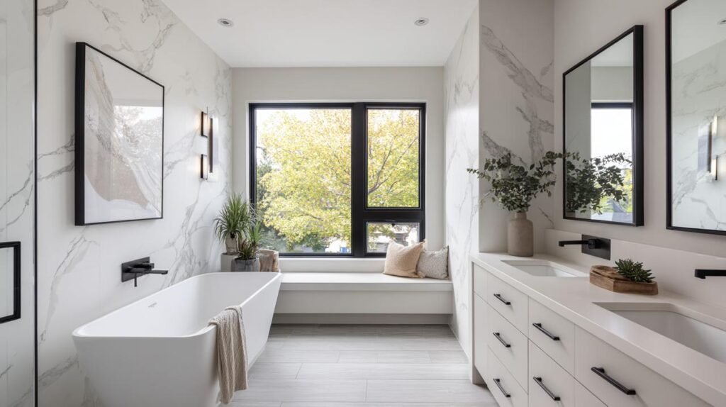 Sleek bath and shower remodel embraces minimalist aesthetic with floor-to-ceiling frameless glass enclosure, elegant freestanding tub, and white porcelain slabs.