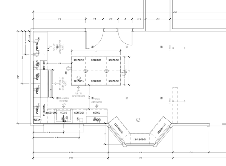 Kitchen floor plan for Crossmont Circle home remodel in San Jose showing walk-in pantry, island layout, and built-in microwave drawer placement