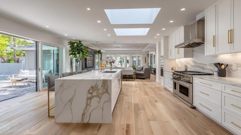 Luxury kitchen with marble waterfall island, multiple skylights, open wood shelving, and seamless indoor-outdoor flow to living area