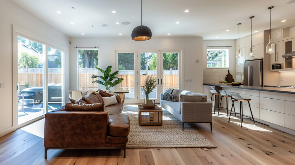 Open-concept living room and kitchen remodeled by kitchen remodeling contractors San Francisco featuring white cabinetry, quartz countertops, island with bar seating, pendant lighting, and large glass doors opening to outdoor patio.