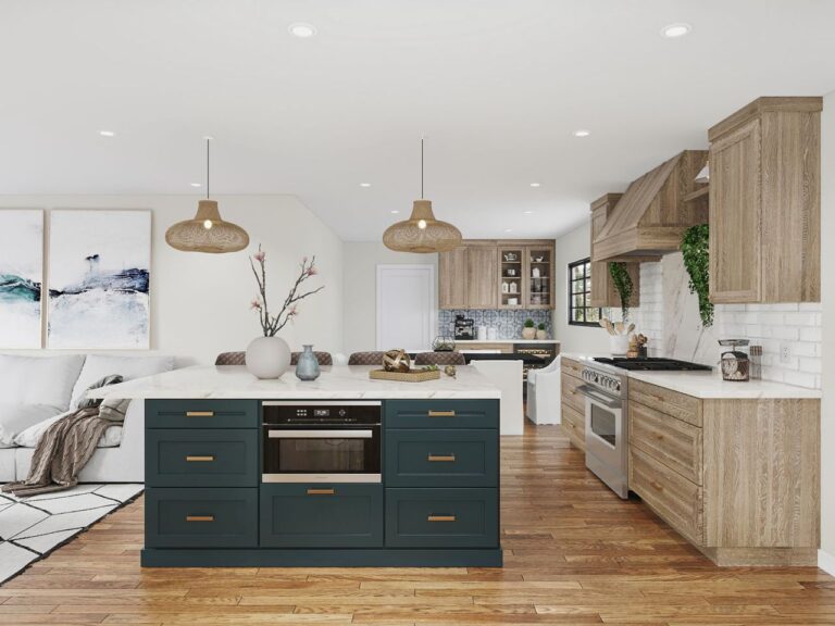 Completed luxury kitchen remodel in San Jose featuring two-tone island with quartzite waterfall edge, custom maple cabinetry, and contemporary design