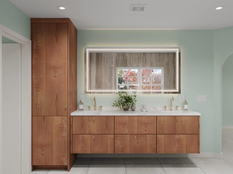 Completed master suite bathroom in Monte Sereno featuring custom walnut cabinetry with Calacatta quartz countertops and LED-integrated mirror lighting