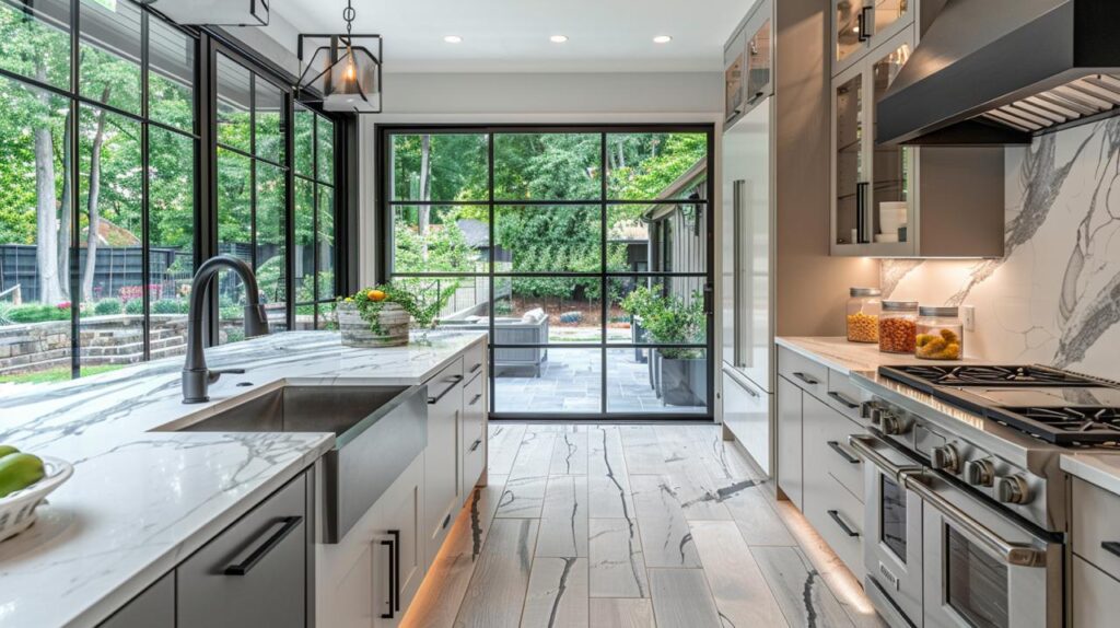 Multi-generational living space with contemporary kitchen featuring expansive black steel frame windows, French doors, white cabinetry, and quartz countertops throughout.