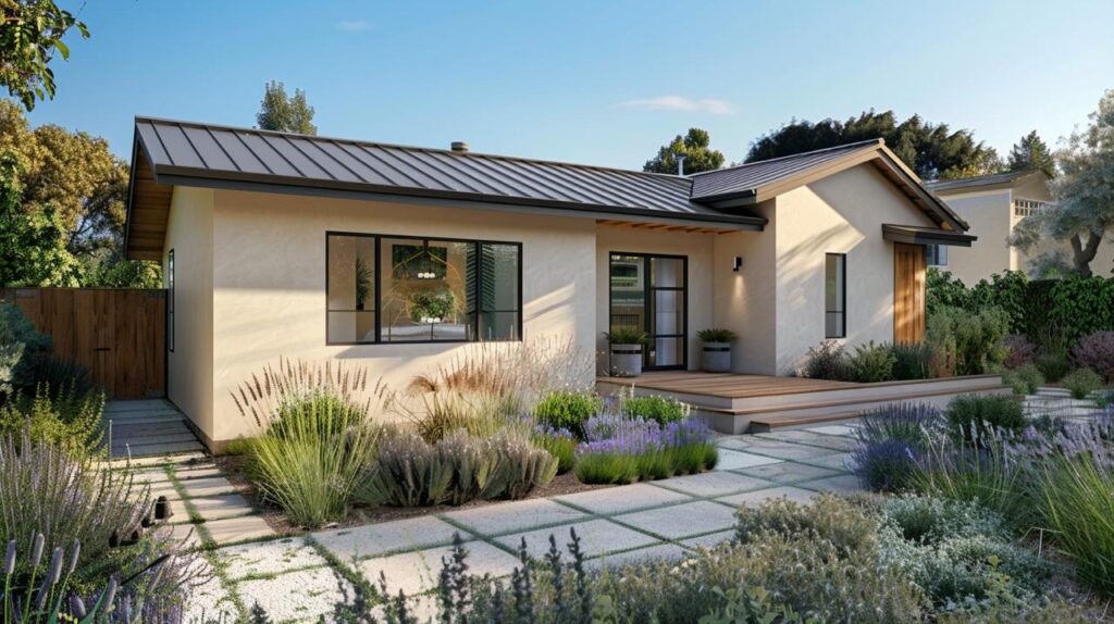 Modern home remodeling San Jose residential construction featuring ranch-style architecture with drought-tolerant native landscaping, clean lines, and sustainable design