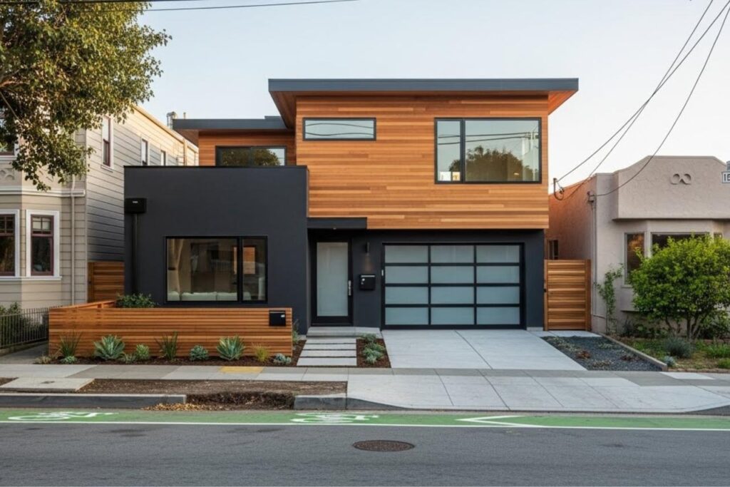 Professional room addition San Francisco project featuring striking two-story design with mixed materials including wood accent siding and modern black windows