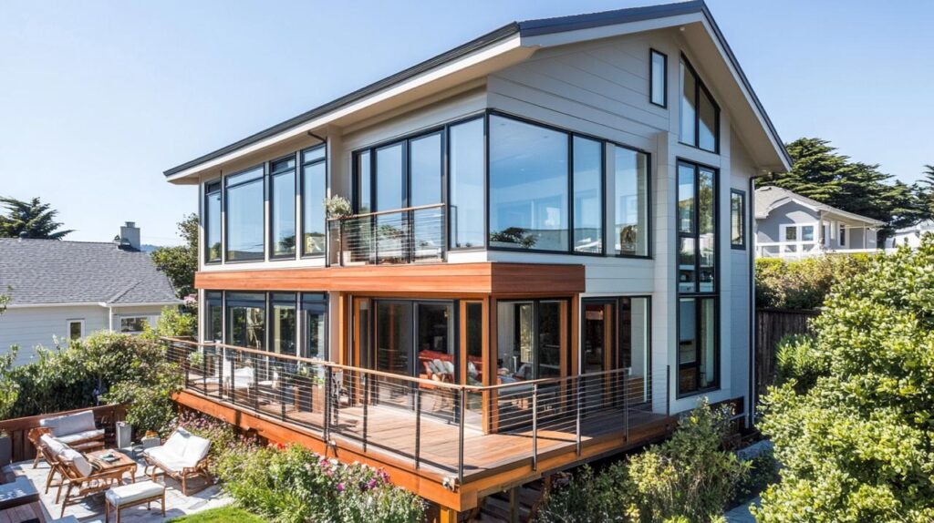 Striking room addition featuring contemporary two-story design with expansive energy-efficient windows, natural wood and gray exterior finishes, and multi-level deck system.