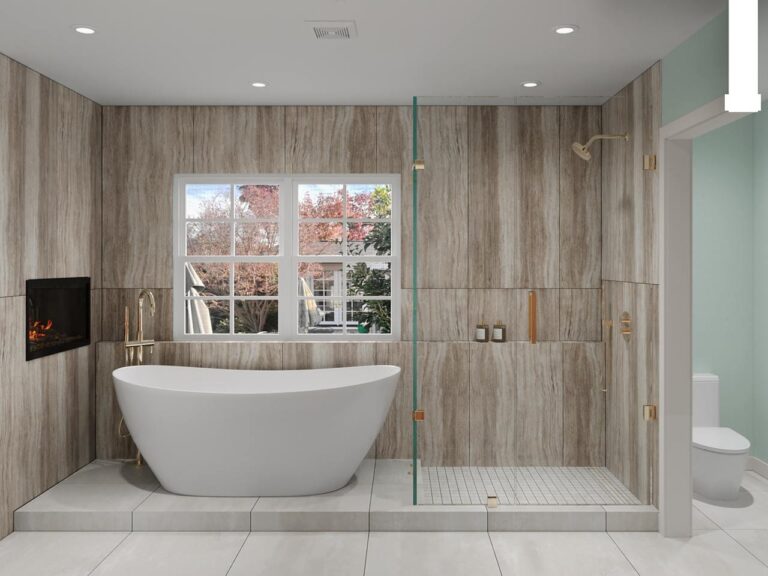 Spa-level master bathroom in Los Gatos with freestanding soaking tub, chrome floor-mounted filler, radiant heated floors, and natural light design