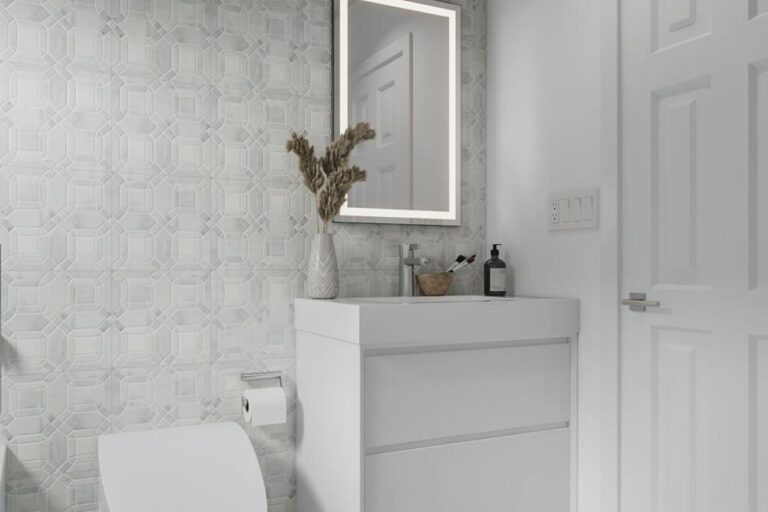 Two bathroom remodel 3D rendering for Santa Clara project featuring minimalist white floating vanity with integrated shelf, large-format white tile, modern fixtures, and clean contemporary aesthetic