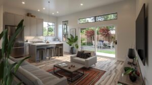 Whole home remodel living room with high ceilings, large windows, and contemporary modern furniture