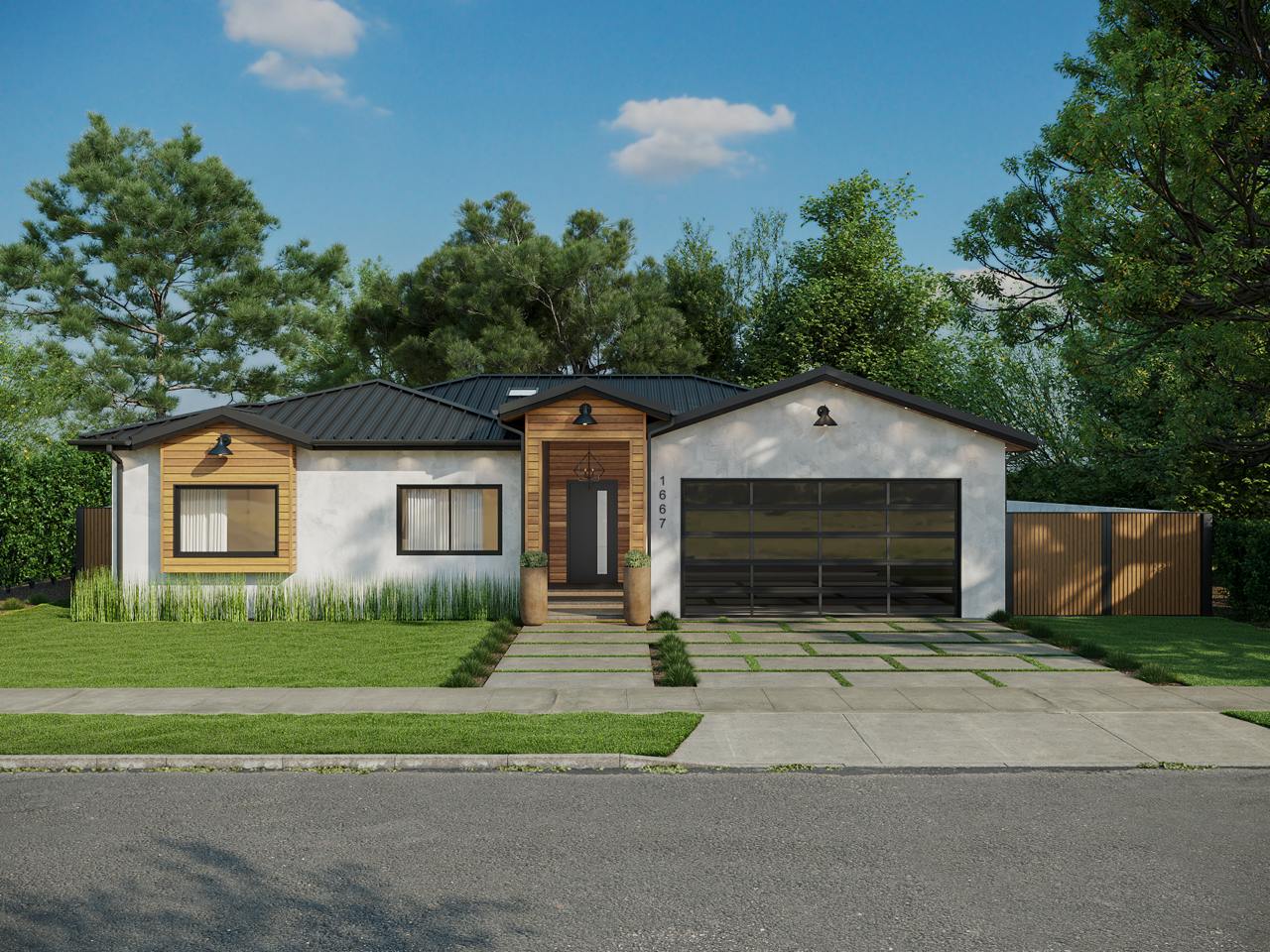 Modern home entrance with wood-paneled porch, black front door, large planters, house number 1667, and minimalist landscaping.