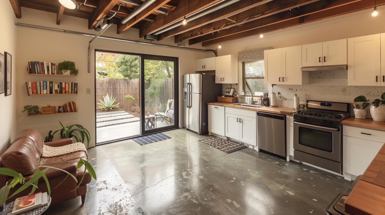 Accessory dwelling unit contractor kitchen featuring exposed wood beam ceiling, white cabinetry, open shelving systems, sliding glass doors, and polished concrete floors.