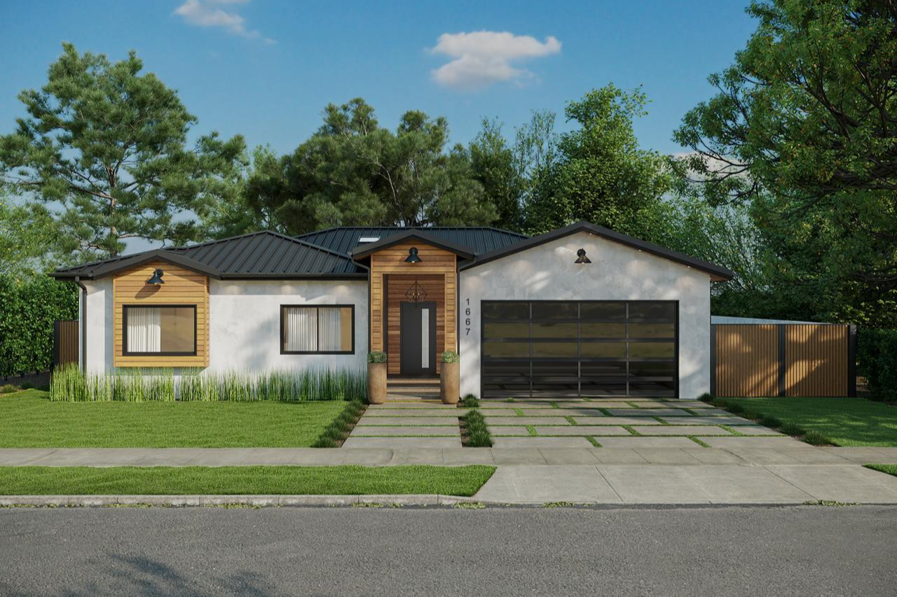 Architectural design services featuring modern ranch-style home with contemporary design and professional landscape