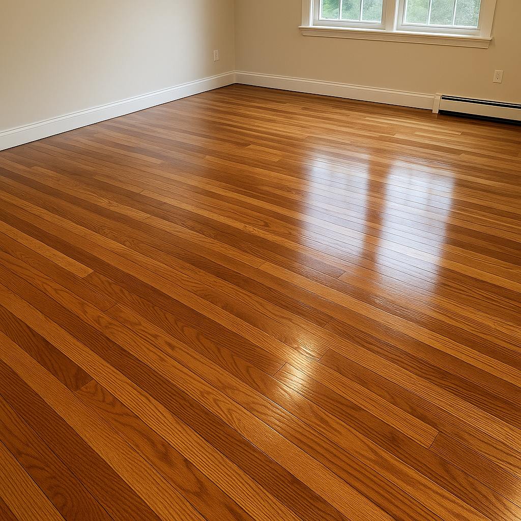 Classic hardwood floor refinished with rich reddish-brown tones and a polished sheen by ASL Remodeling.