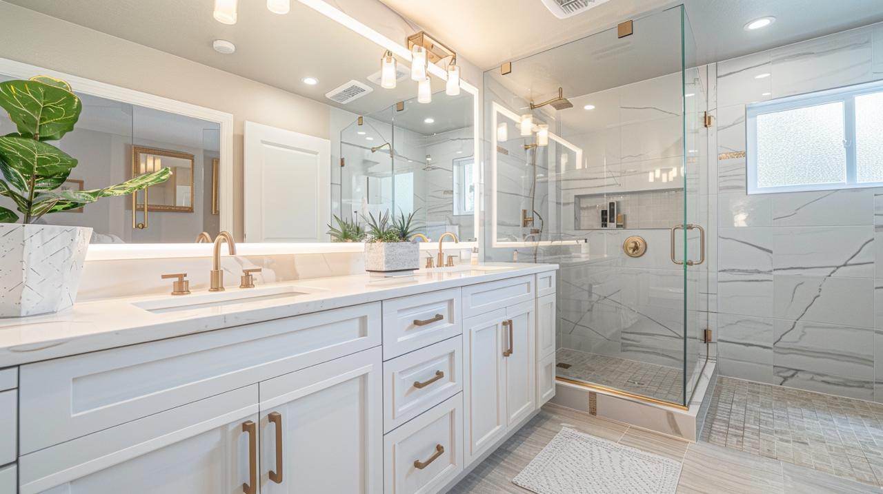 Professional bathroom remodeling in San Jose featuring spacious walk-in shower with frameless glass enclosure and classic white subway tile