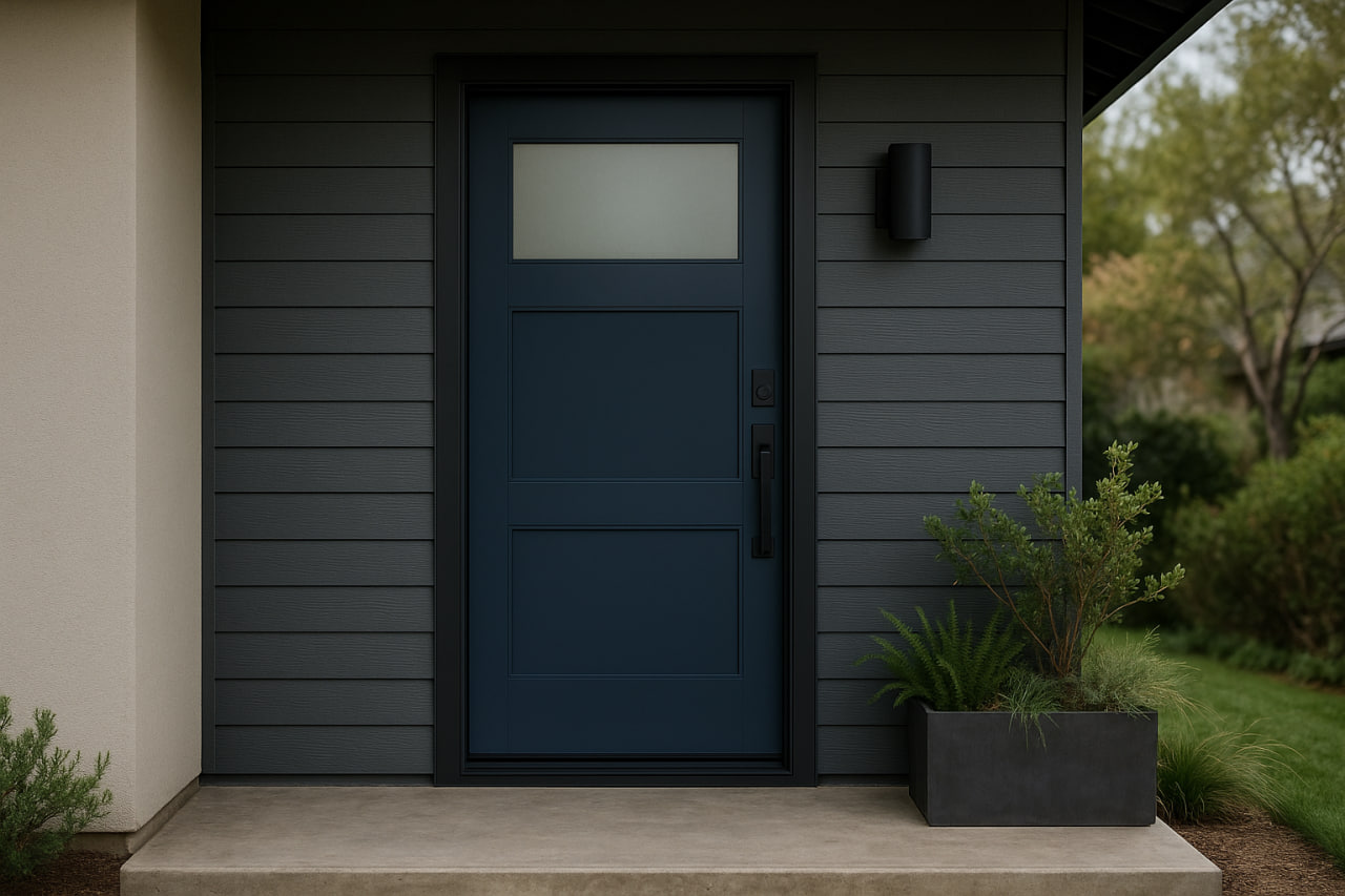Modern blue front door with horizontal siding and frosted window – San Jose entry remodel by ASL Remodeling