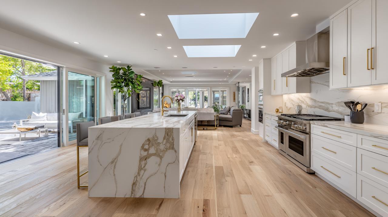 Elegant custom home remodeling Los Gatos kitchen showcasing white shaker cabinets with marble-look quartz countertops