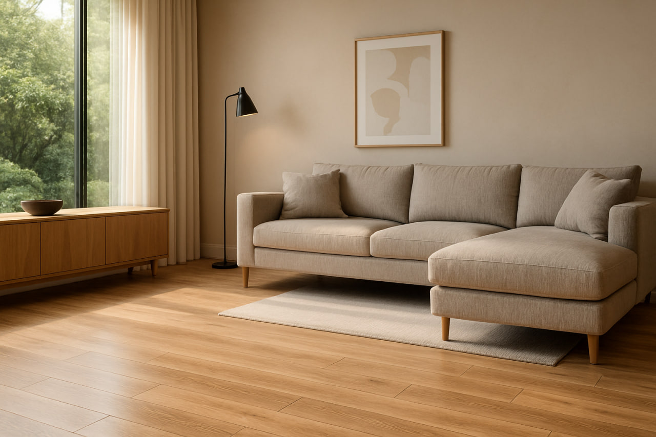Modern Los Gatos living room remodel featuring wide plank laminate flooring and warm neutral tones by ASL Remodeling.