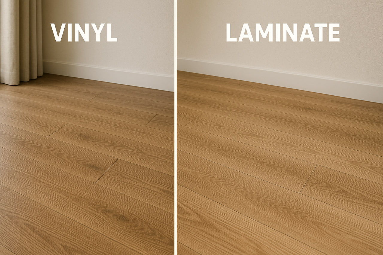 Close-up Los Gatos flooring remodel showing side-by-side comparison of vinyl and laminate finishes by ASL Remodeling.