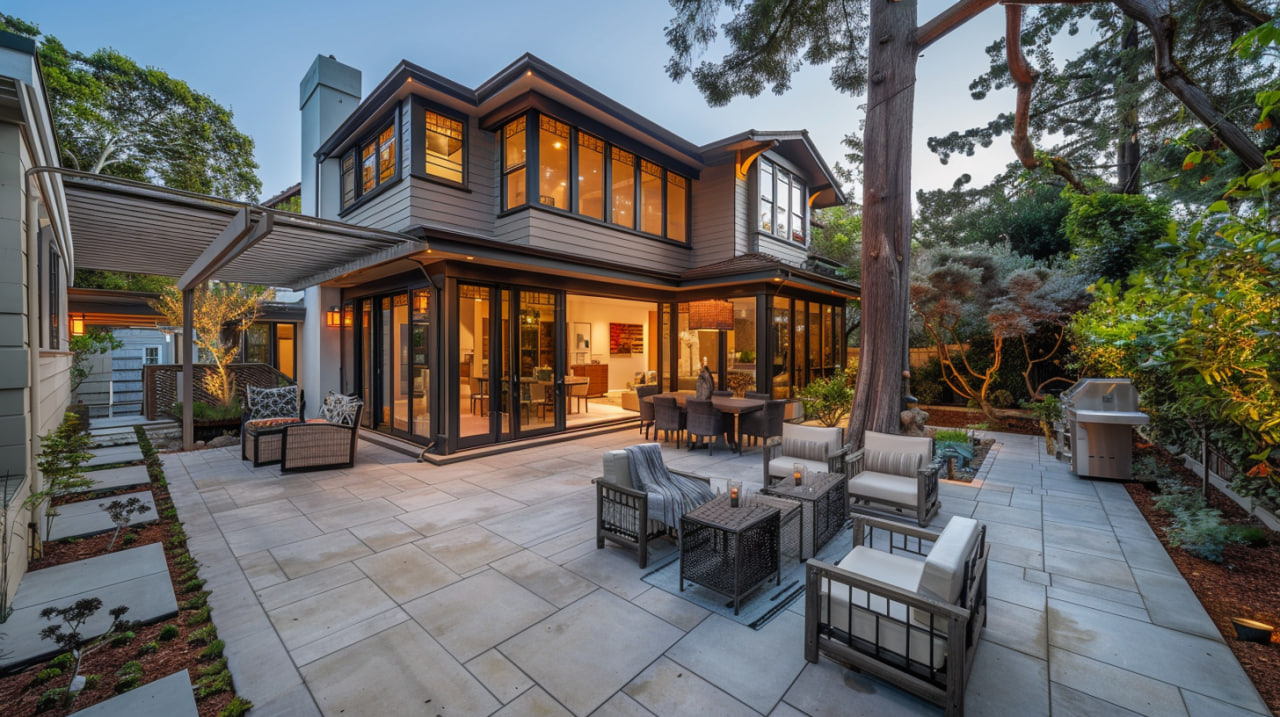 Stunning two-story home exterior featuring expansive windows, modern architectural design, outdoor patio with furniture, and warm evening lighting throughout.