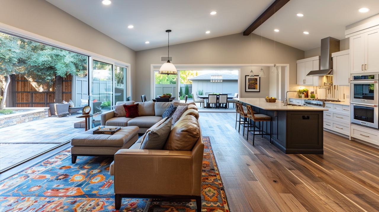 Home additions remodeling in San Jose showcases beautiful open concept living room with patio access and gleaming hardwood floors