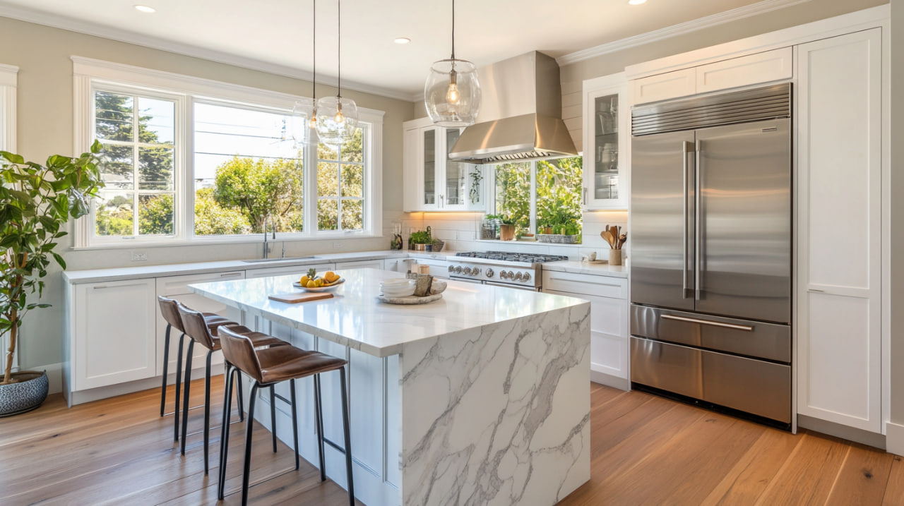 Bright contemporary kitchen featuring white shaker cabinets, quartzite waterfall island with bar seating, stainless steel appliances, pendant lighting, and large windows providing natural light.
