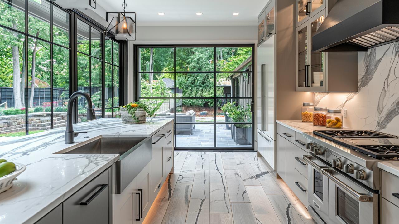 Kitchen remodeling showcased in this open concept kitchen remodel with seamless flow to dining area featuring wood table, transitional kitchen style, and pendant lighting.