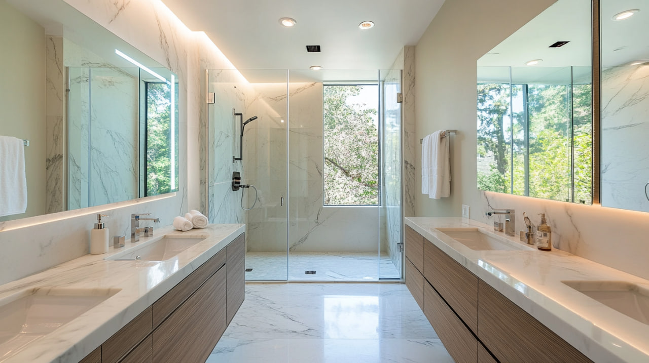 Luxurious master bathroom remodel in San Francisco featuring dual floating vanities with LED lighting, frameless glass walk-in shower, marble tile flooring, and floor-to-ceiling windows with natural views.