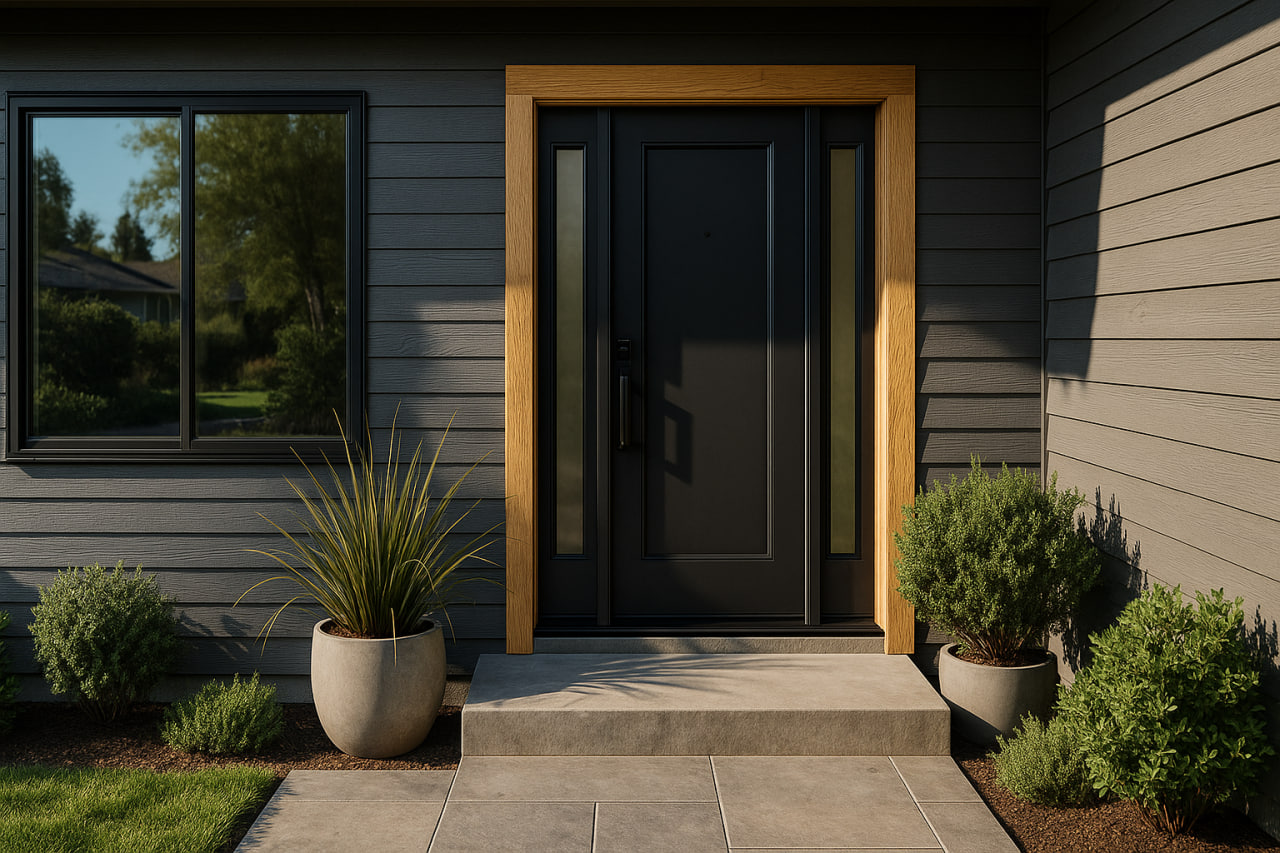 Contemporary black entry door with wood frame and planters – San Jose front door renovation by ASL Remodeling